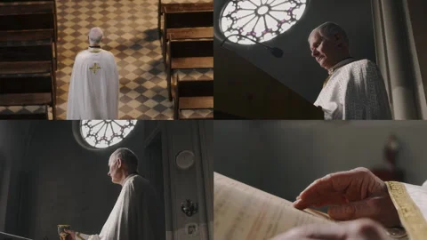 Split Screen of Elderly Priest Walking in Church and Preaching Video stock 279937870