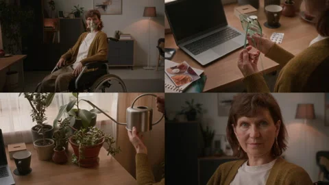 Split Screen of Elderly Woman in Wheelchair in Cozy Living Room with Oxygen Mask Video stock 293784866