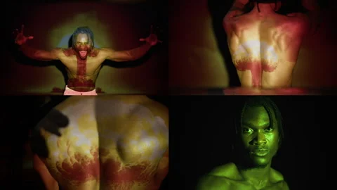 Split Screen of Emotional Black Man with Explosion Graphic on His Face and Body Stock Footage 298748453
