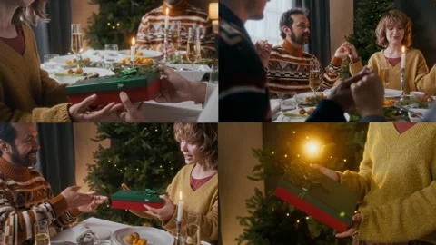 Split Screen of Family Exchanging Presents and Praying at Christmas Dinner Video stock 292377565