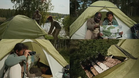 Split Screen of Family Setting up Tent, Reading Map and Relaxing during Hike Video stock 301761750