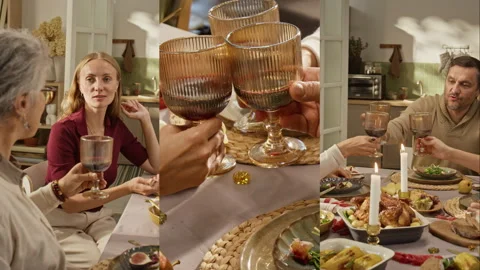 Split Screen of Family Toasting with Wine Glasses at Festive Dinner Table Stock-Footage 347359735