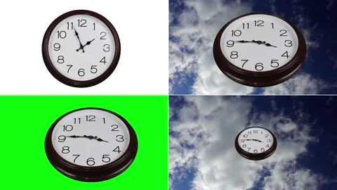 Split screen. Fast moving hands of a wall clock. Clock on a white background  Stock Footage 139614642