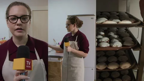 Split Screen of Female Baker Giving Interview for TV at Workplace Stock Footage 297950682
