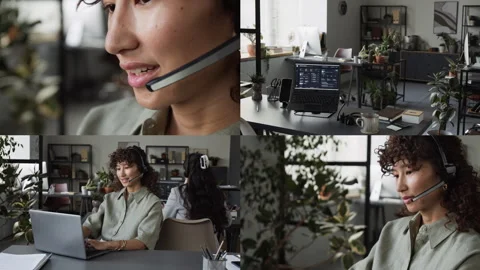 Split Screen of Female Customer Support Agent Working on Laptop in Office Видео 343606084