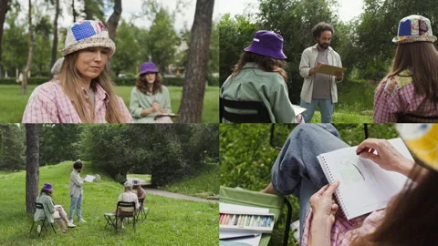 Split Screen of Female Group Attending Outdoor Art Class with Male Instructor Stock Footage 341939944