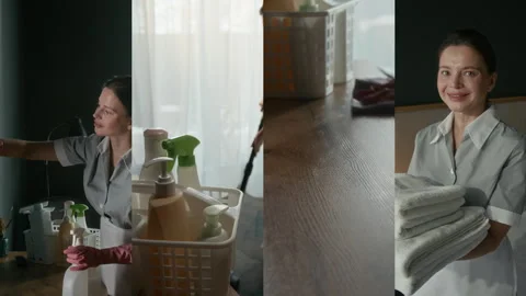 Split Screen of Female Housekeeper Cleaning Hotel Room and Posing with Towels Stock Footage 310051173