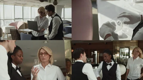 Split Screen of Female Restaurant Manager Working with Staff before Opening Video stock 309006933