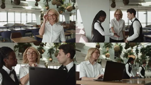Split Screen of Female Restaurant Manager Instructing Staff before Grand Opening Stock Footage 309007337