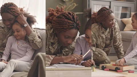 Split Screen of Female Solder Playing with Little Daughter at Home Video stock 285123291