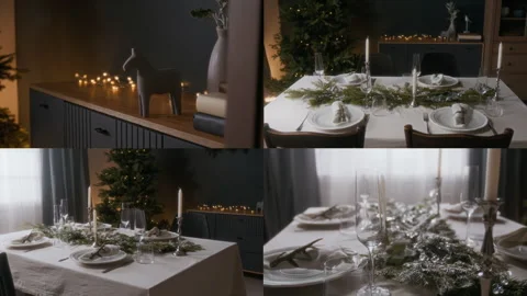 Split Screen of Festive Dinner Table and Holiday Decorations in Cozy Room Stock Footage 292375588