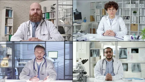 Split Screen of Four Doctors Video Calling Stock Footage 133224323