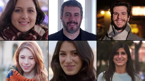 Split screen with four women and two men smiling staring into the camera Stock Footage 152773073