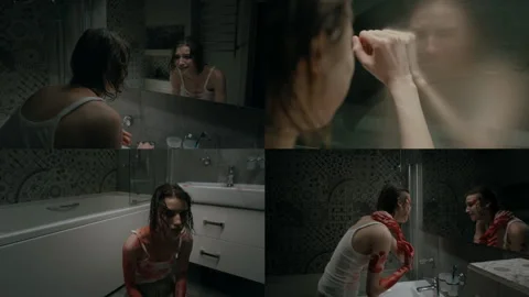 Split Screen of Frantic Young Woman Suffering from Depression in Bathroom 스톡 동영상 301117820