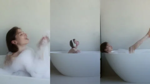 Split Screen of Girl Blowing Soap Bubbles, Listening to Music, Massaging Leg Video stock 300108219