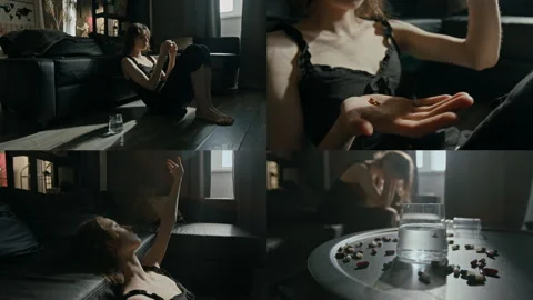 Split Screen of Girl Feeling Low in Spirit, Pouring Pills into Open Hand 動画素材 301115438