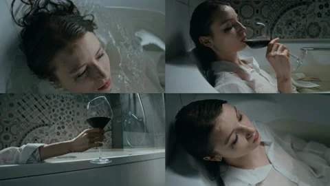 Split Screen of Girl with Glass of Wine Thinking about Suicide in Bathtub 스톡 동영상 301117255