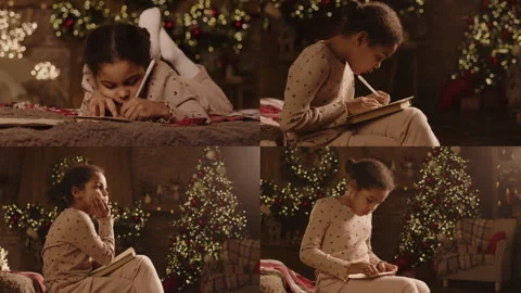 Split Screen of Girl Preparing for Christmas, Writing Letter to Santa Video stock 283328576