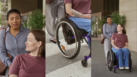 Split Screen of Girl Pushing Friend with Disability in Wheelchair on City Street 스톡 동영상 343782358