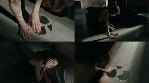 Split Screen of Girl Putting Together Shards of Broken Mirror Feeling Fearful Vidéo 301116653