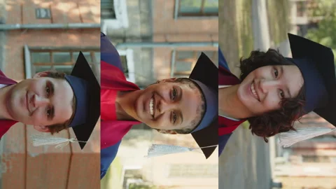 Split Screen of Graduates Looking at Camera with University in Background Stock Footage 256747122