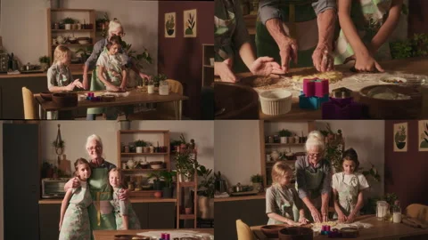 Split Screen of Granny Teaching Kids to Roll out Dough Making Sugar Cookies Video stock 302910511