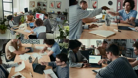 Split Screen of Group of Diverse Colleagues Discussing their Strategy in Office Video stock 302371854