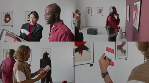 Split Screen of Group of People Viewing Art, Reading Leaflet in Art Gallery Stock Footage 302716113