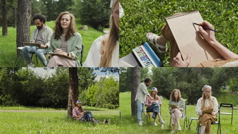 Split Screen of Group of Students Drawing in Park during Outdoor Art Class Stock Footage 341939476