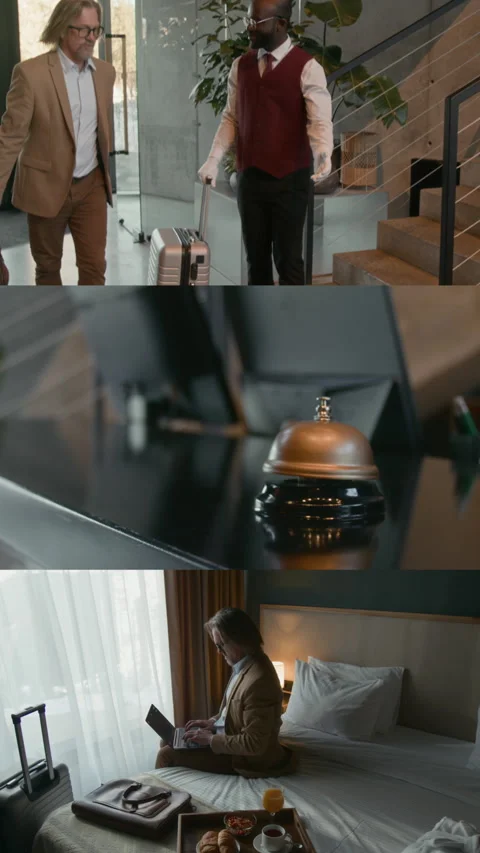 Split Screen of Guest Arriving at Hotel, Working on Laptop in His Room Stock Footage 310052049