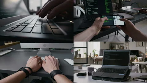Split Screen of Hands of Unknown Men Coding on Laptop and PC, Holding Phone Video stock 299685009