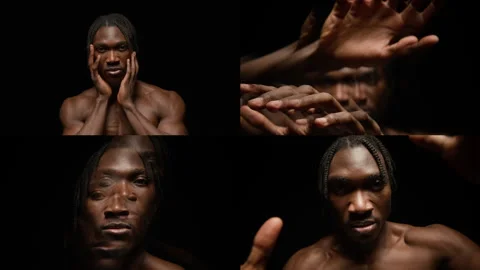 Split Screen of Handsome African American Male Model on Dark Background Stock Footage 298092393