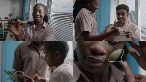 Split Screen of Happy Black Family Sharing Merry Moments in Bathroom Stock Footage 291290876