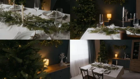 Split Screen of Holiday Dinner Table and Christmas Tree in Living Room Stock Footage 292375594