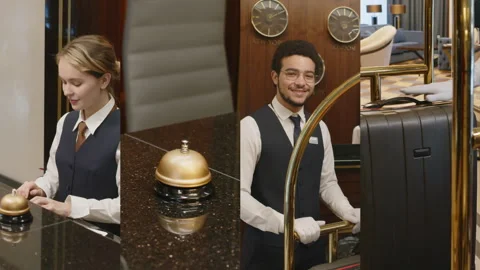Split Screen of Hotel Administrator and Porter at Work Stock Footage 308418135