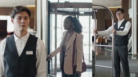 Split Screen of Hotel Guest and Porter at Reception Video stock 308563729