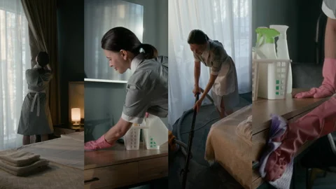 Split Screen of Hotel Housekeeper Cleaning Guest Room 스톡 동영상 310050908
