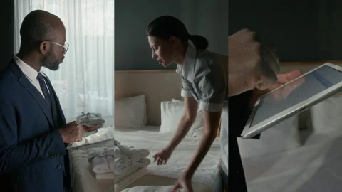 Split Screen of Hotel Manager and Housekeeper Preparing Guest Room Stock Footage 310051366