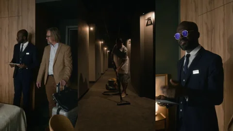 Split Screen of Hotel Manager Showing Guest His Room and Housekeeper Vacuuming Video stock 310052054