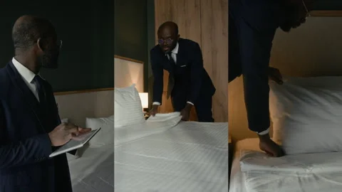 Split Screen of Hotel Manager Using Tablet and Making Bed in Guest Room Stock Footage 310051607