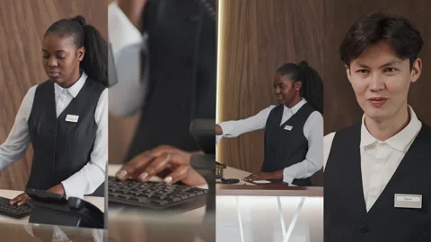 Split Screen of Hotel Receptionists at Work Stock Footage 308563518