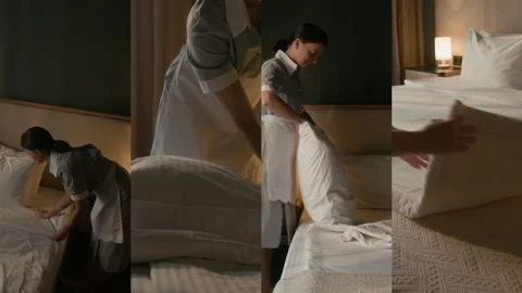 Split Screen of Housekeeper Making Bed and Preparing Fresh Towels in Hotel Room Stock Footage 310050907