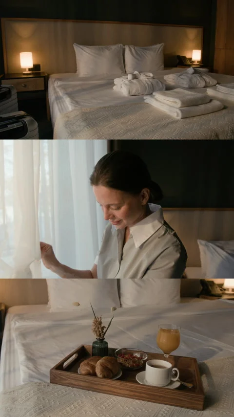Split Screen of Housekeeper Opening Curtains in Hotel Room with Served Breakfast Stock Footage 310051835