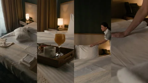 Split Screen of Housekeeper Preparing Bed with Served Breakfast in Hotel Room Stock Footage 310051180