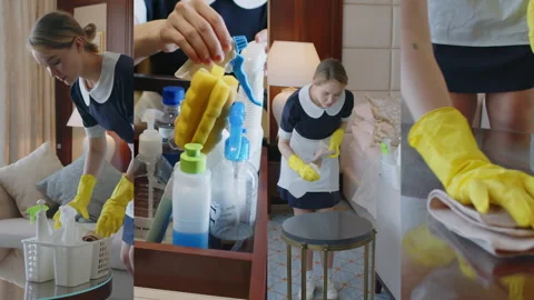 Split Screen of Housemaid Using Chemicals to Clean Rooms Stock Footage 308417884