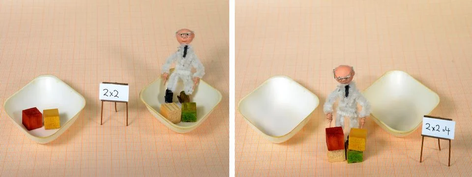 Split screen image with model situation showing the basics of multiplication Foto stock