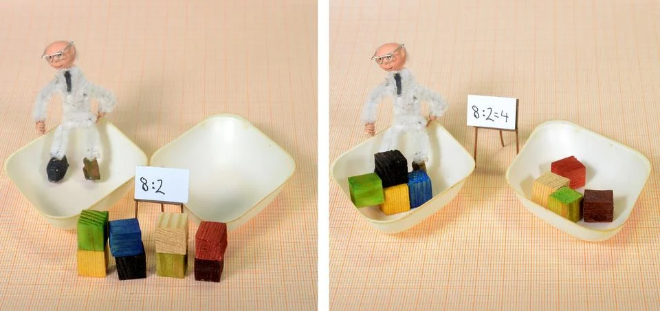 Split screen image with model situation showing the basics of division Stock Photos