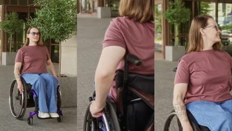 Split Screen of Independent Woman with Disability Riding Wheelchair Outdoors 스톡 동영상 343782346