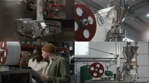 Split Screen of Industrial Machinery and Two Workers in Coffee Roasting Plant Video stock 301287543