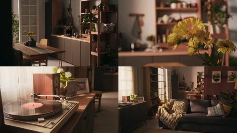 Split Screen of Interior of Cozy Kitchen and Living Room with Couch Stock Footage 302909874